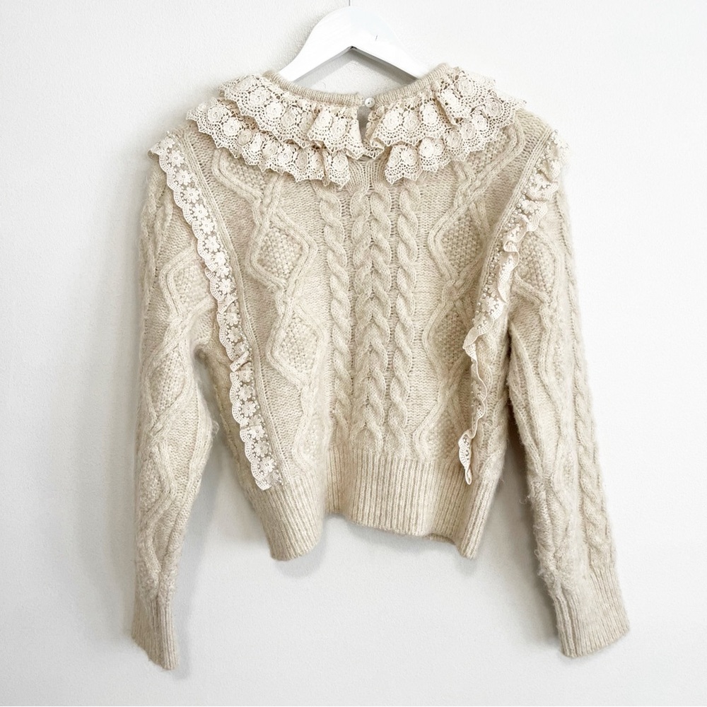 BOGO! ZARA Lace Ruffle Collar Pearl Cable Knit Sweater Cream Small - Picture 8 of 11